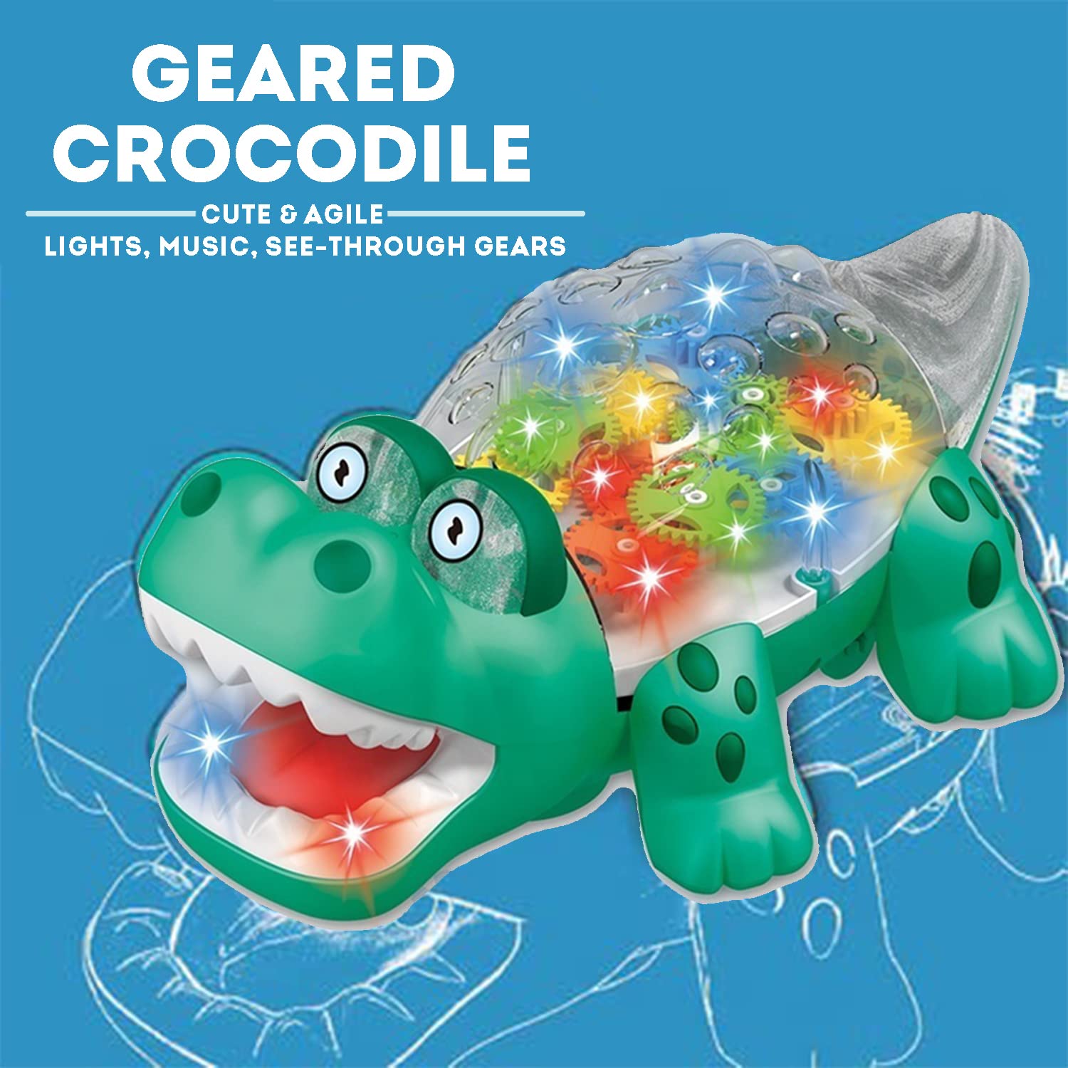 Electric Crocodile Transparent Concept Gear Crocodile Universal Wheel Gear Rotation Vehicle With Music LED Flashing Toy