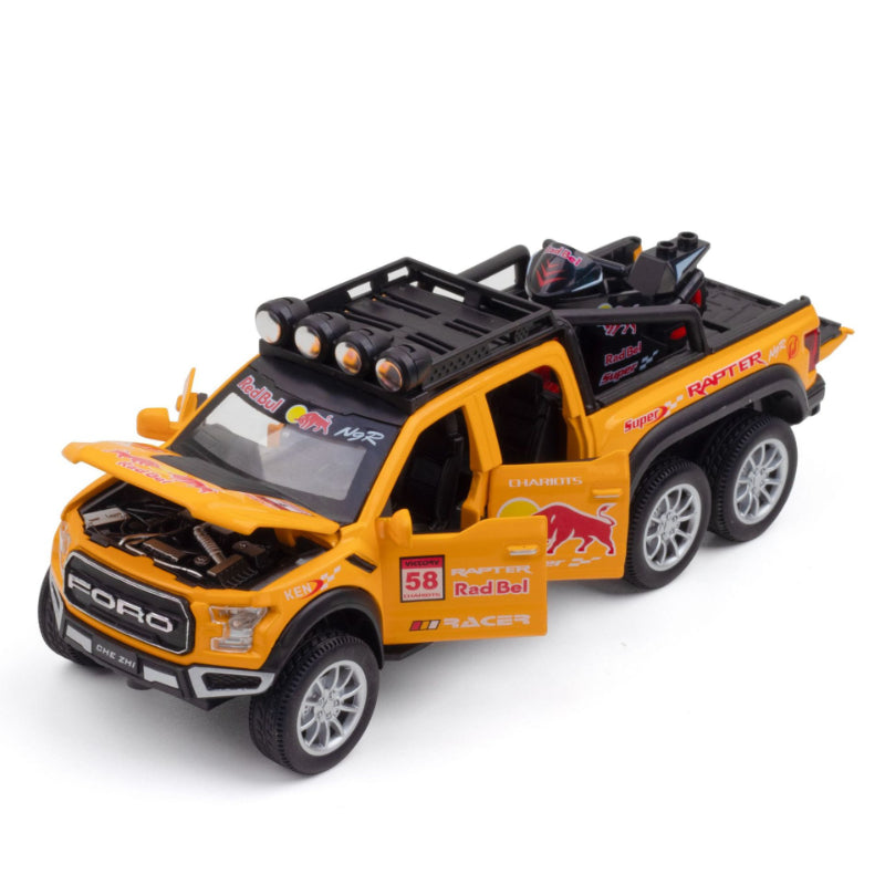 Red Bull Diecast Ford Raptor F150 6×6 Pickup Metal Model Pull Back With Light & Sound Car