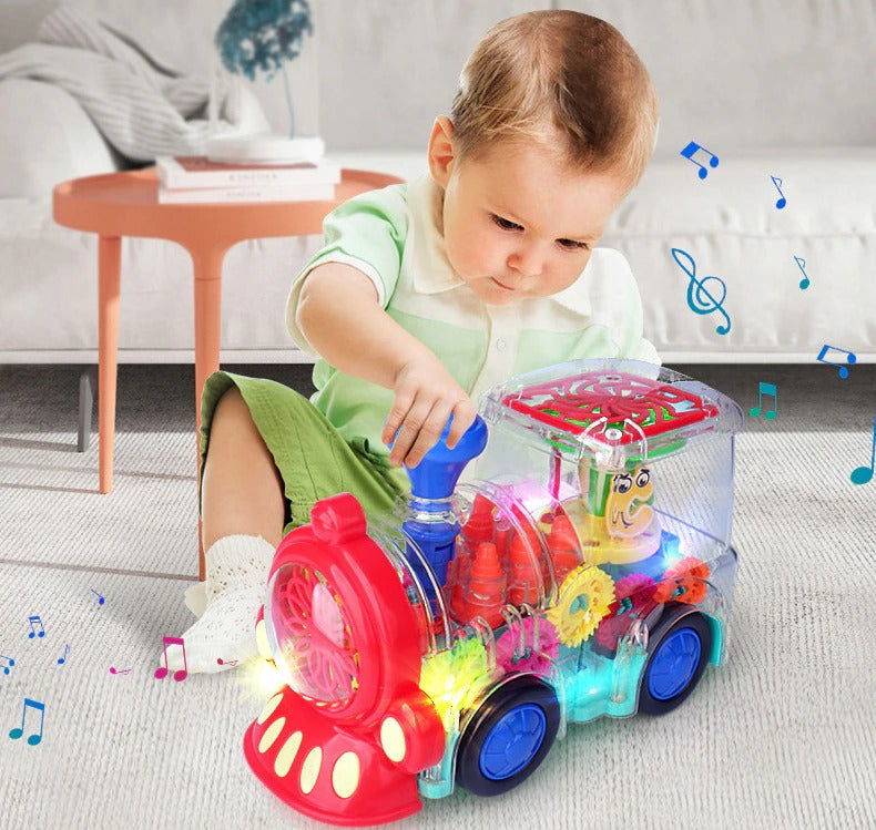 Electric Transparent Gear Train Universal Walking Train Colorful Lights Musical Toy