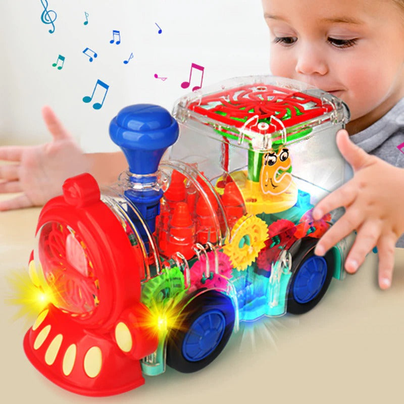 Electric Transparent Gear Train Universal Walking Train Colorful Lights Musical Toy