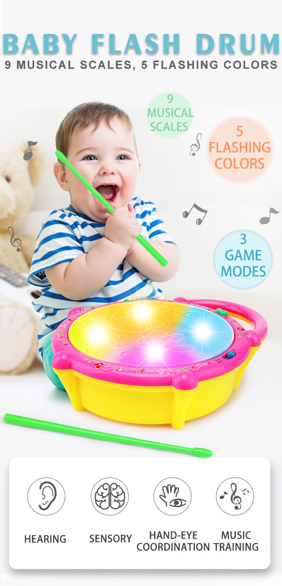 Mini Flash Drum Music Instrument Rattle For Kid Education Toy