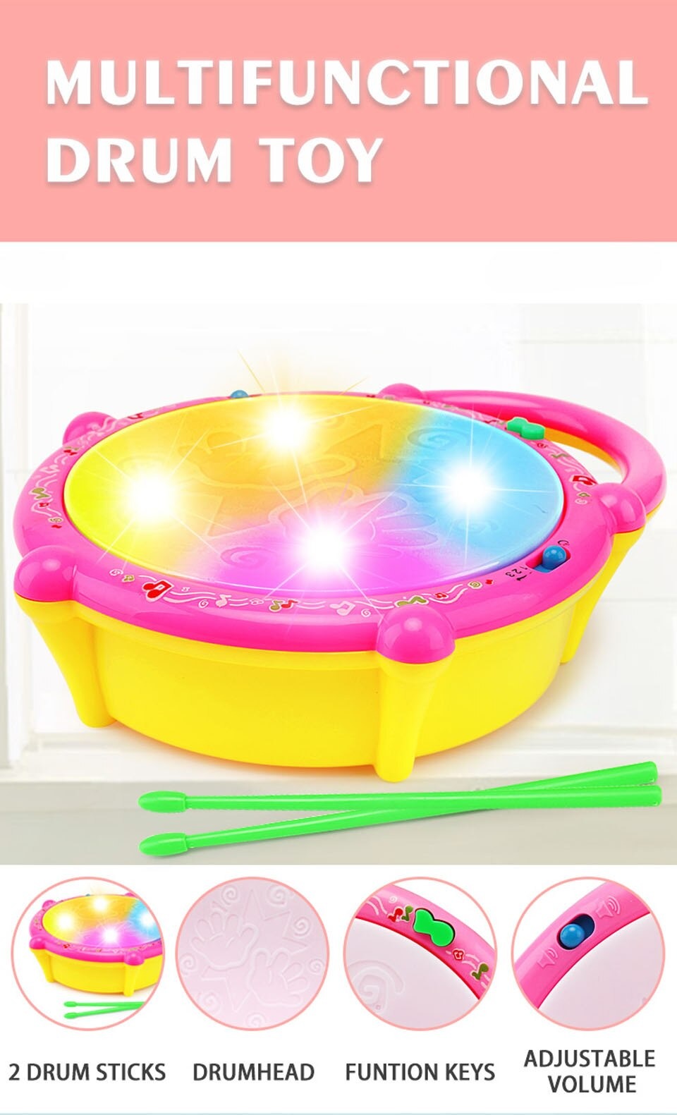 Mini Flash Drum Music Instrument Rattle For Kid Education Toy